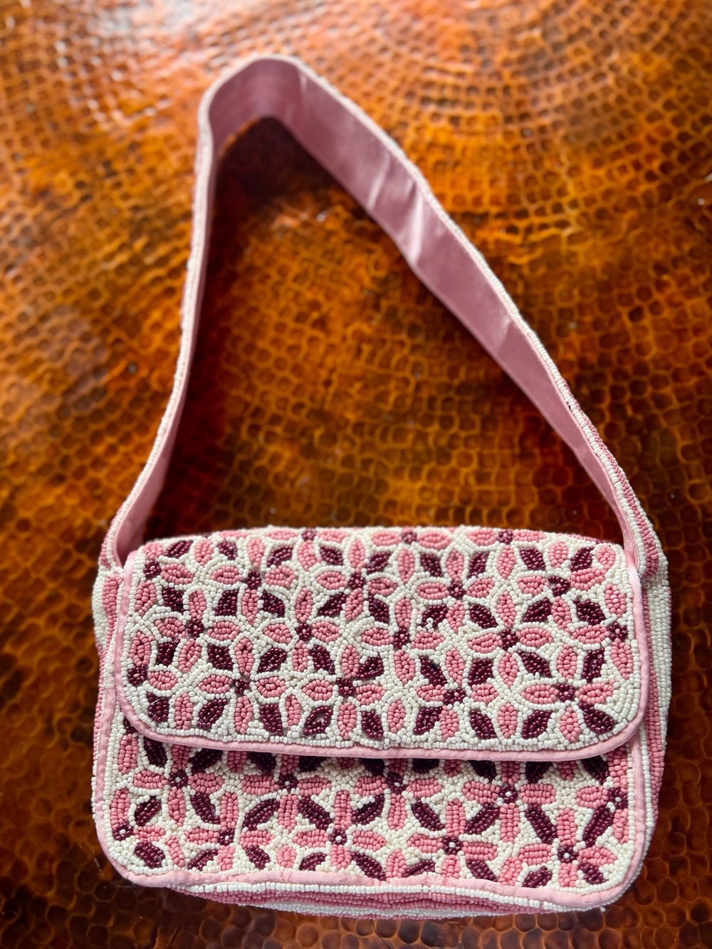 Pink Beaded Floral Shoulder Bag - Women's Crossbody